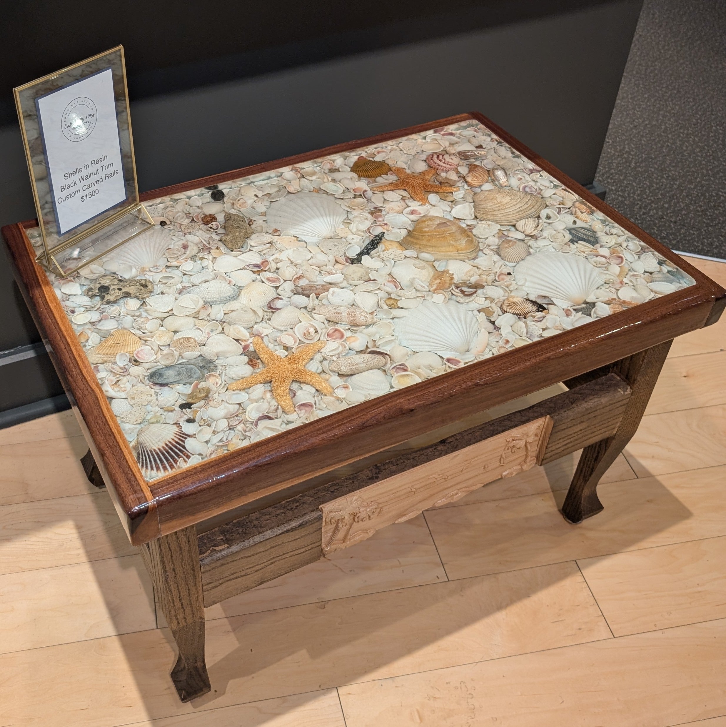 Black Walnut Custom Carved Shell in Resin Table