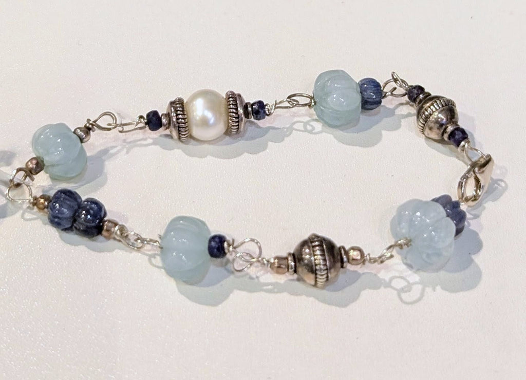 Pearl, Sapphire, Aquamarine, and Sterling Silver Bracelet