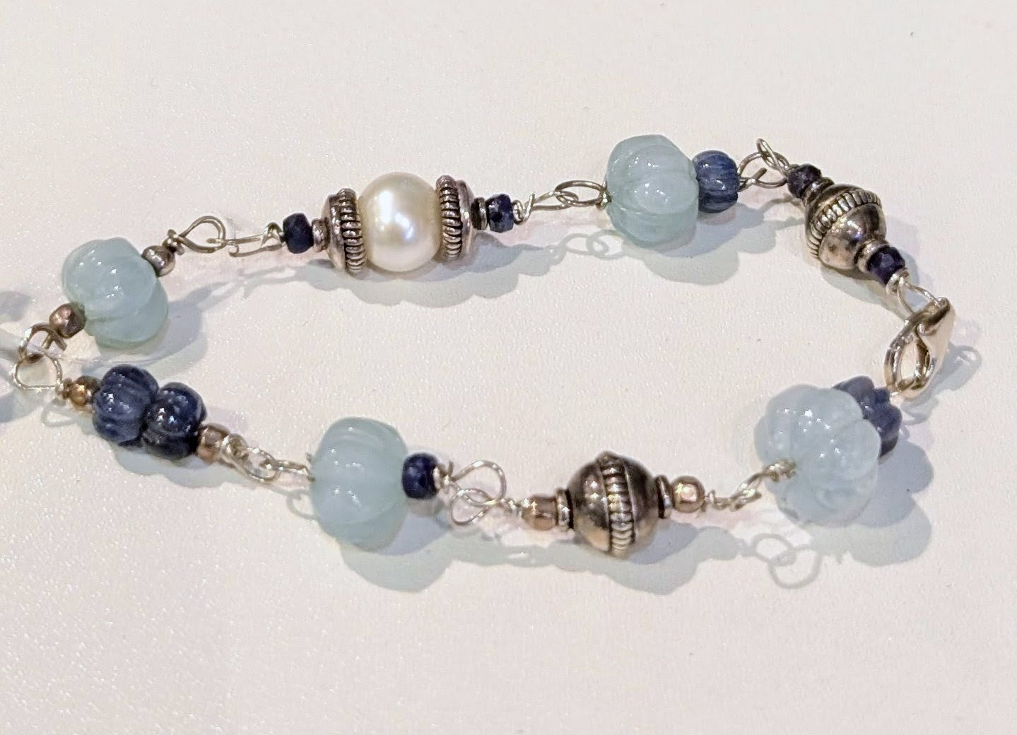 Pearl, Sapphire, Aquamarine, and Sterling Silver Bracelet