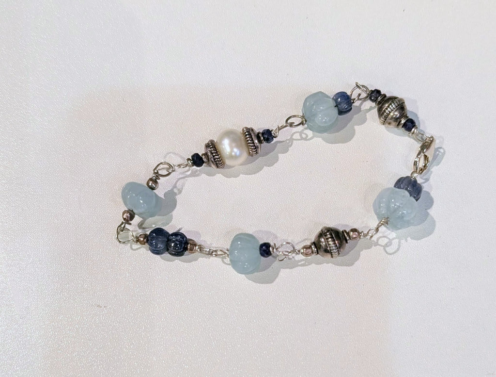 Pearl, Sapphire, Aquamarine, and Sterling Silver Bracelet