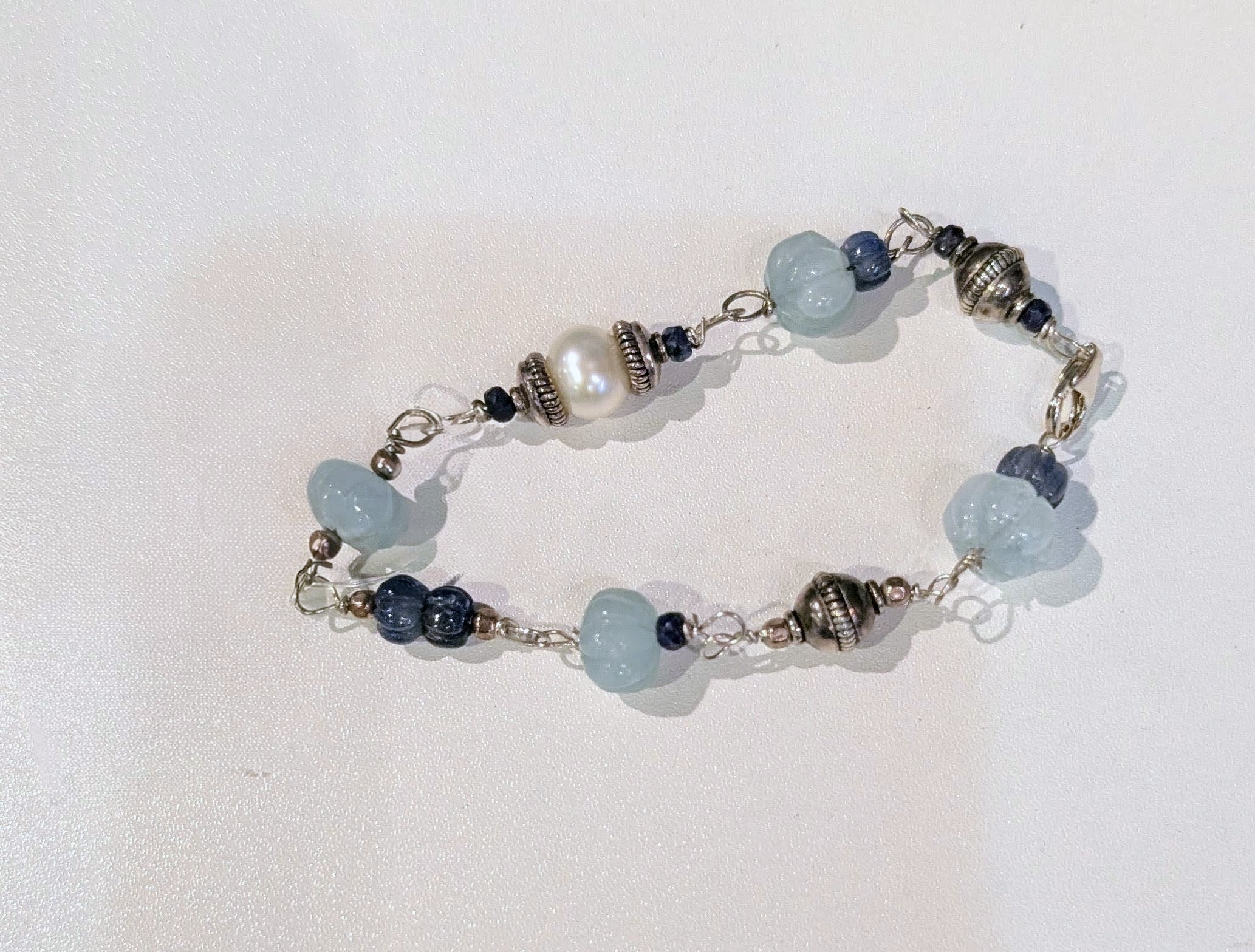 Pearl, Sapphire, Aquamarine, and Sterling Silver Bracelet