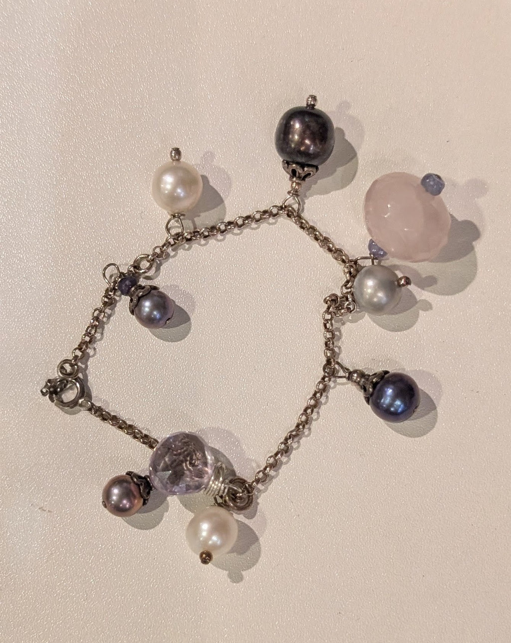 Amethyst, Fresh Water Pearls, Quartz, and Sterling Silver Bracelet