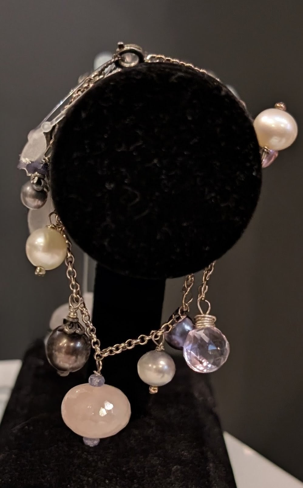 Amethyst, Fresh Water Pearls, Quartz, and Sterling Silver Bracelet