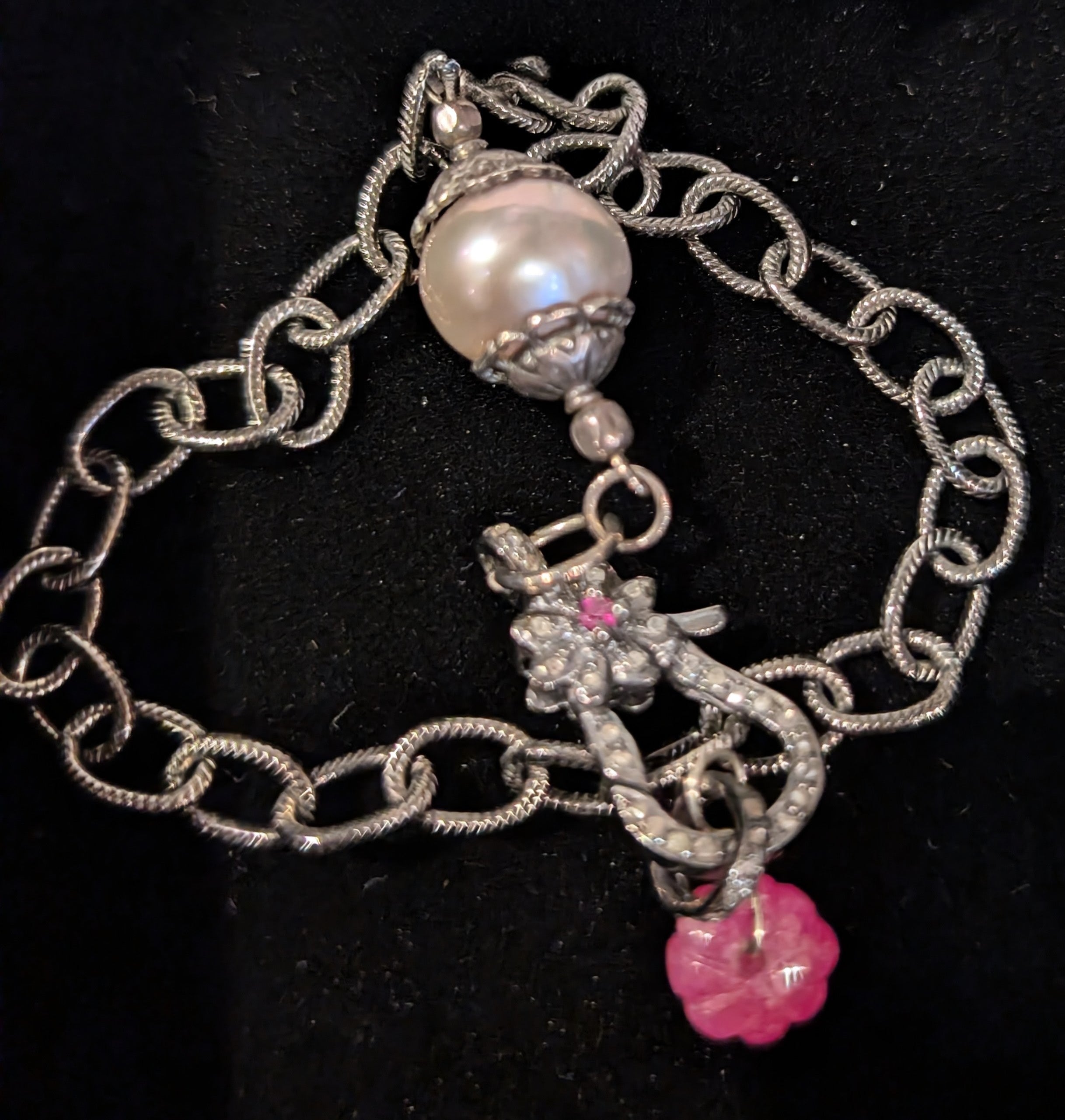 Diamond, Ruby, and Mauve Pearl Sterling Silver Bracelet