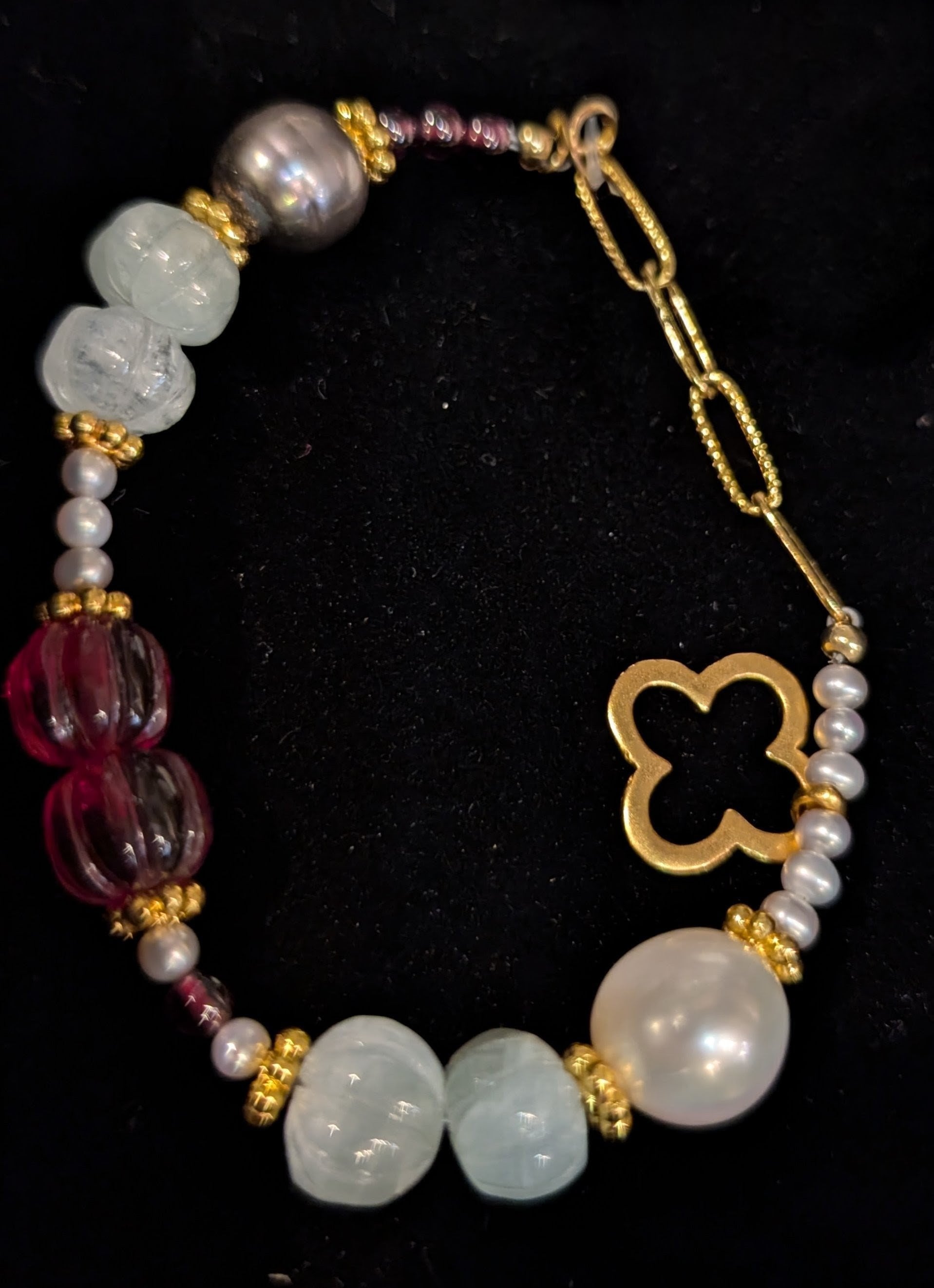 Pearl, Aquamarine, glass, vermeil Bracelet