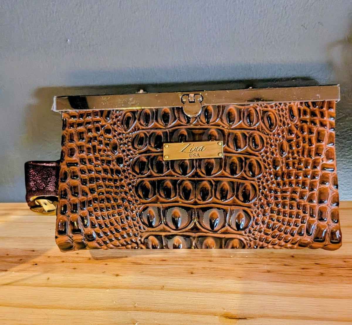 Brown faux Alligator Wristlet