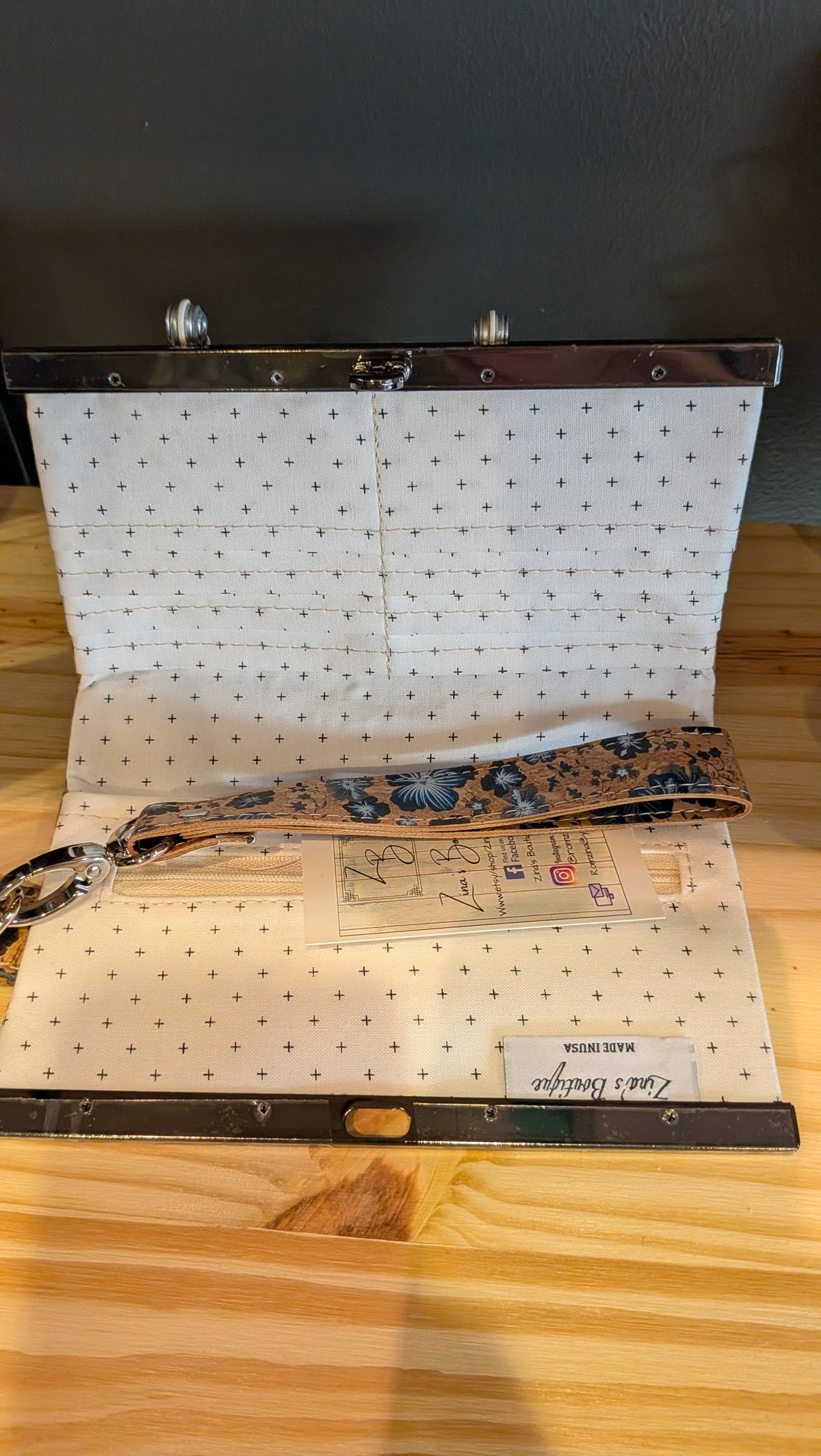 Blue flower cork wristlet