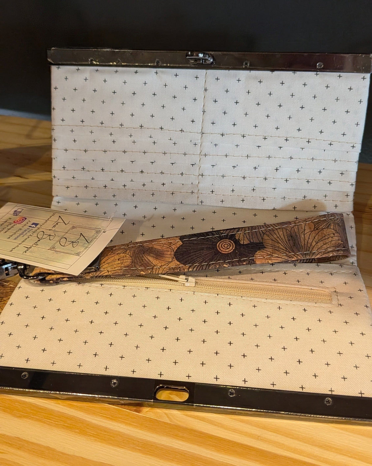 Black flower and cork Wristlet