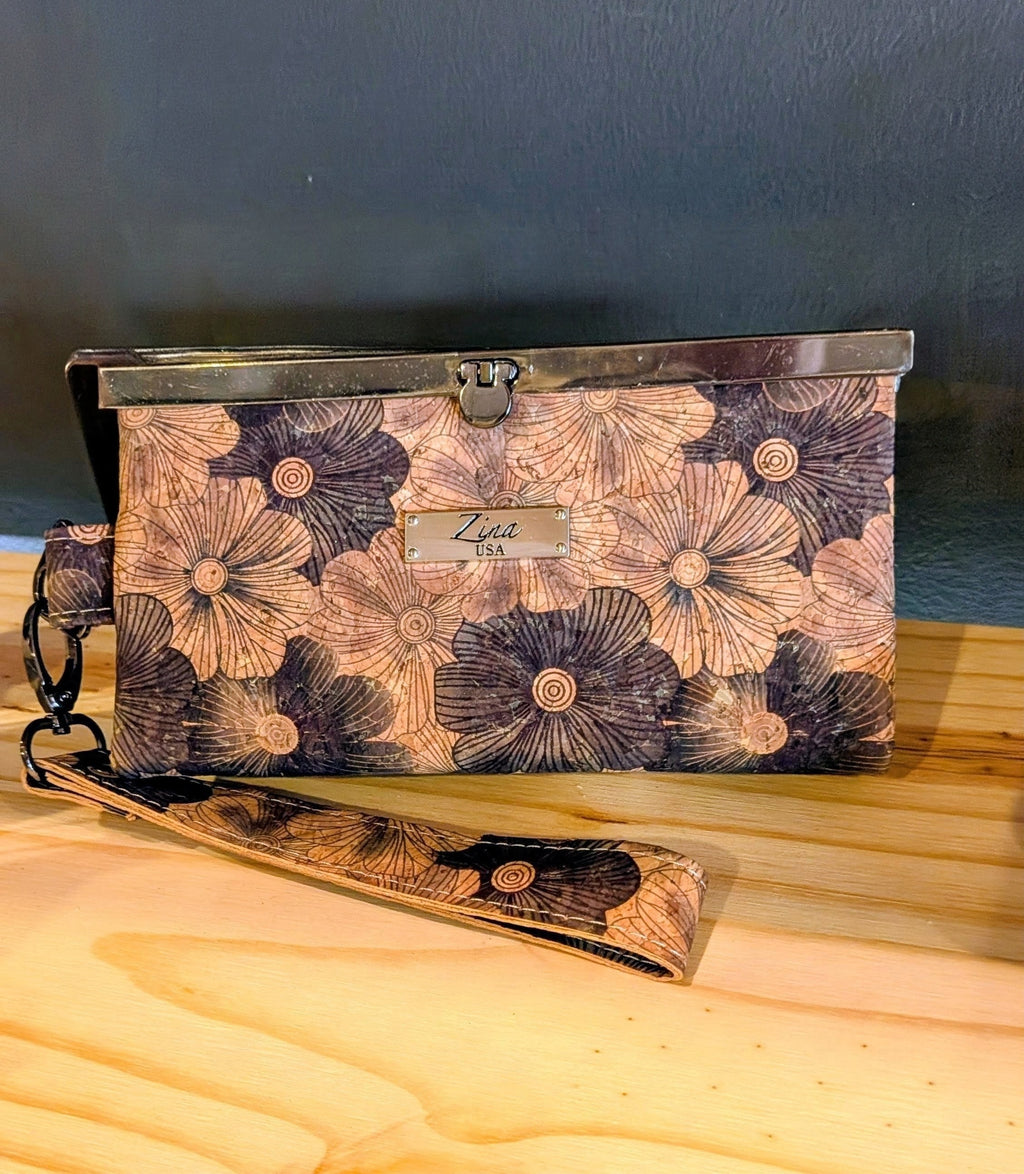 Black flower and cork Wristlet